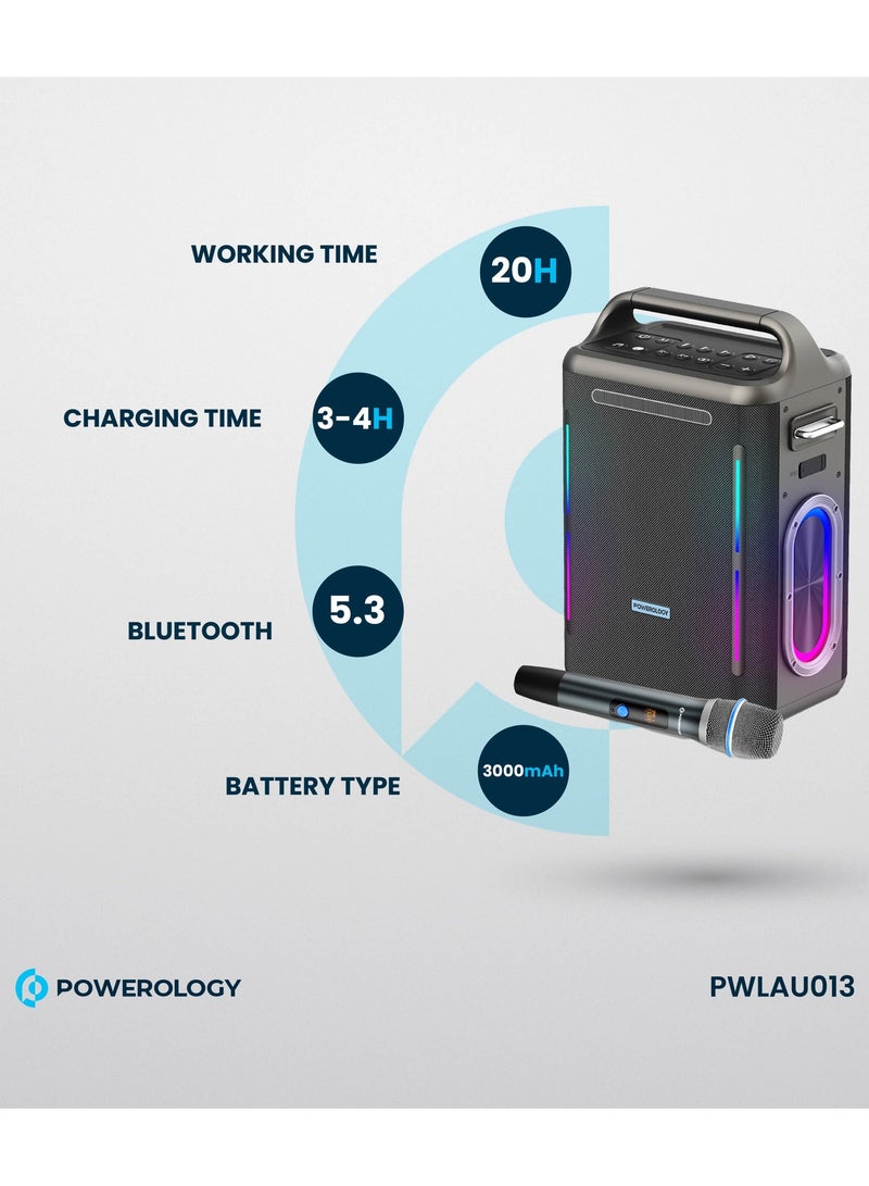 باورولوجي مكبر صوت TWS Karaoke Party بقوة 200 وات مع ميكروفون لاسلكي وجهاز تحكم عن بعد / مصباح يدوي مدمج / وقت تشغيل 20 ساعة / شحن سريع / أضواء ملونة - فضي - Image 2