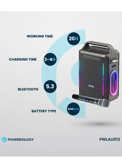 Powerology TWS Karaoke Party Speaker 200W with Wireless Microphone and Remote / Built-in Flashlight / 20H Playtime / Fast Re-Charging / RGB Lighting - Silver  - Image 2