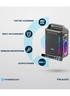 Powerology TWS Karaoke Party Speaker 200W with Wireless Microphone and Remote / Built-in Flashlight / 20H Playtime / Fast Re-Charging / RGB Lighting - Silver  - Image 3