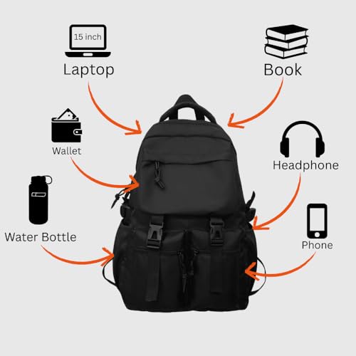 Glowic Black Backpacks for Men & Women | Stylish, Durable, Multi-Pocket Travel & Laptop Bags with Buckle Straps (Black1) - Image 4