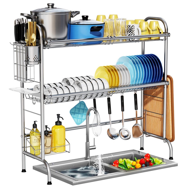HOWDIA Stainless Steel 2Tier Over The Sink Dish Drying Rack with Utensil Holder Large for Kitchen Counter