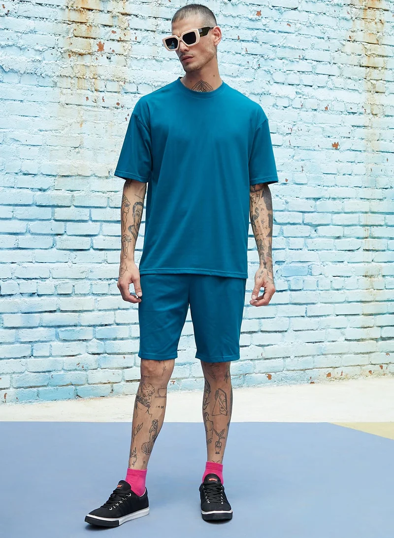 Campus Sutra Men's Oversized Solid Teal Blue Casual Co-Ord Set