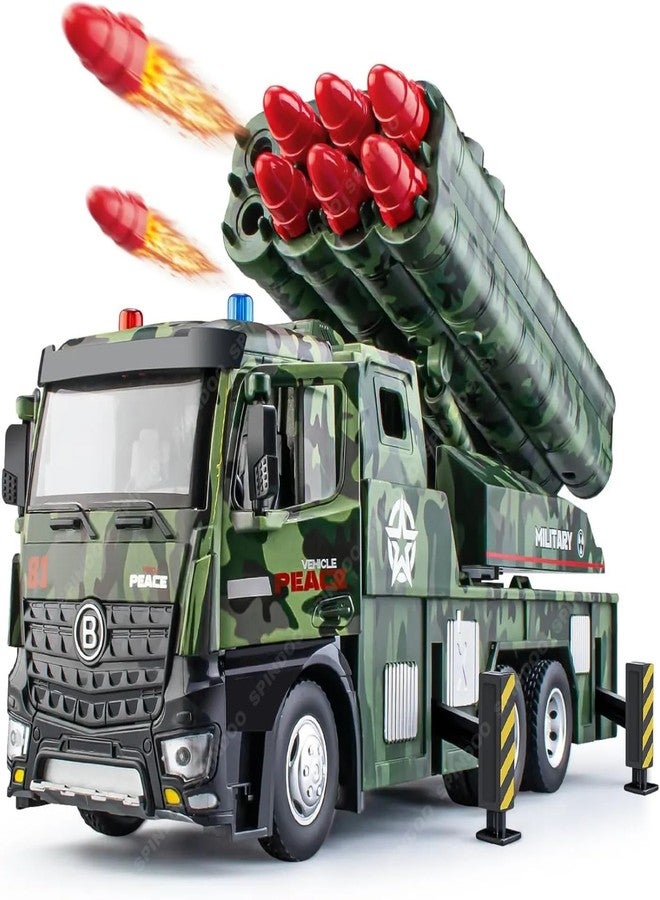 Spindoo Army Launcher Truck Toy for Boys 8 Missiles, Rotating Turret, Lights & Sounds | Friction Powered Military Vehicle | Realistic Army Truck Gift for Kids Age 3-8 - Image 1