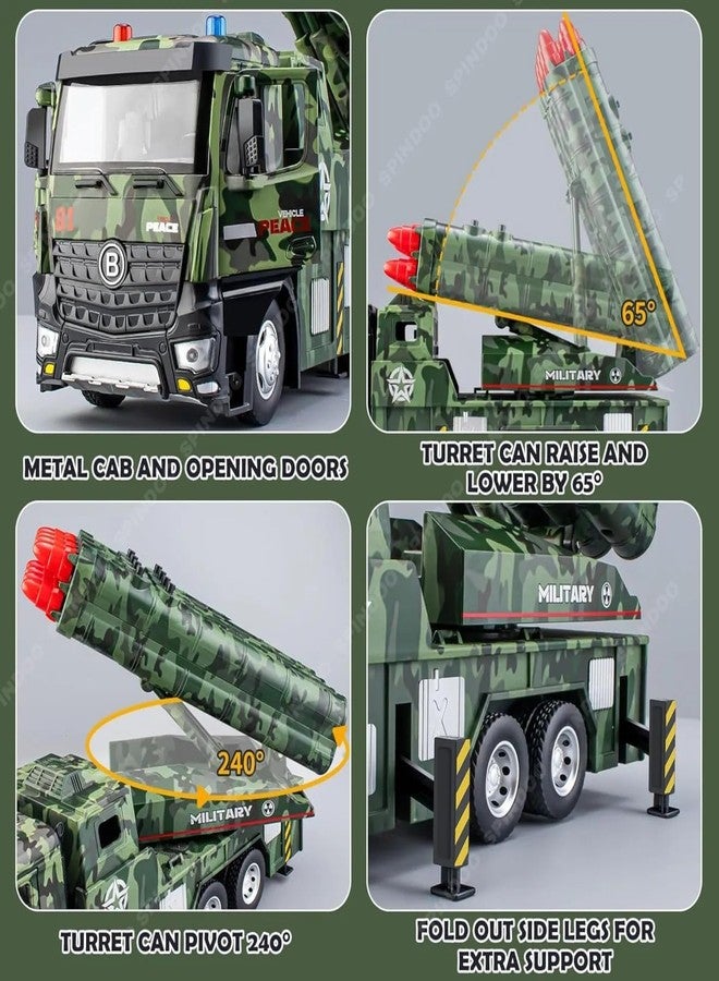 Spindoo Army Launcher Truck Toy for Boys 8 Missiles, Rotating Turret, Lights & Sounds | Friction Powered Military Vehicle | Realistic Army Truck Gift for Kids Age 3-8 - Image 4
