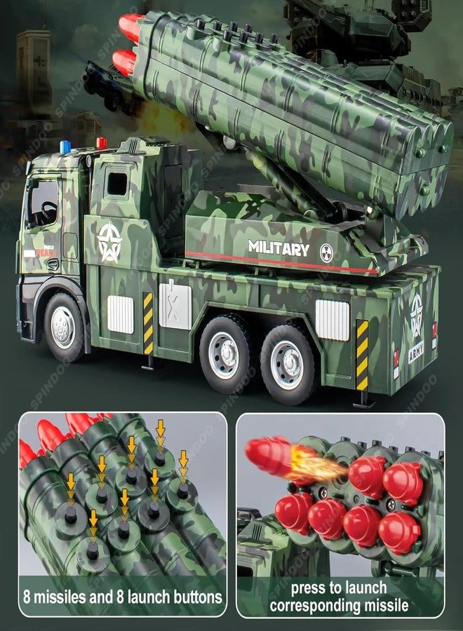 Spindoo Army Launcher Truck Toy for Boys 8 Missiles, Rotating Turret, Lights & Sounds | Friction Powered Military Vehicle | Realistic Army Truck Gift for Kids Age 3-8 - Image 2