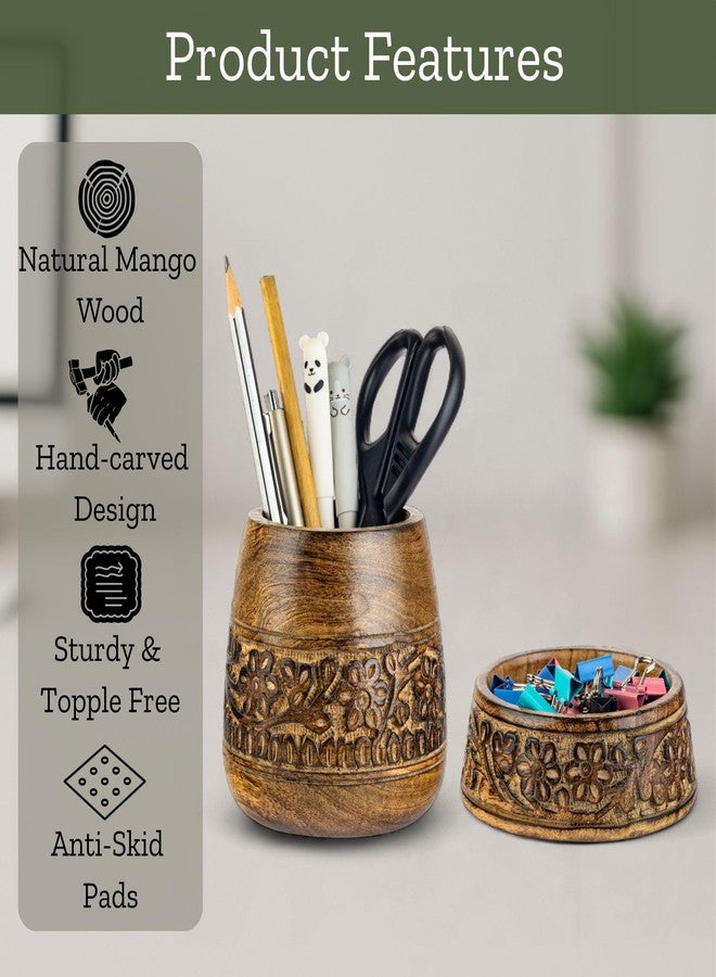 Mie Creations Wooden Desk Organizer Set of 2 Pen Holder, Paper Clip Storage, Office Desktop Table Decor, Floral Rustic Wood Pencil Cup & Paperclips Dispenser, Aesthetic Desk Accessories For Women, Men - Image 2