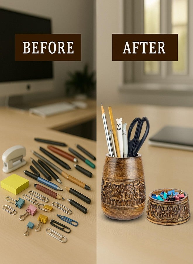 Mie Creations Wooden Desk Organizer Set of 2 Pen Holder, Paper Clip Storage, Office Desktop Table Decor, Floral Rustic Wood Pencil Cup & Paperclips Dispenser, Aesthetic Desk Accessories For Women, Men - Image 3