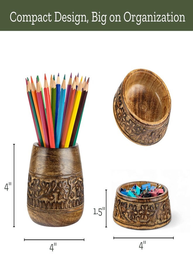Mie Creations Wooden Desk Organizer Set of 2 Pen Holder, Paper Clip Storage, Office Desktop Table Decor, Floral Rustic Wood Pencil Cup & Paperclips Dispenser, Aesthetic Desk Accessories For Women, Men - Image 4