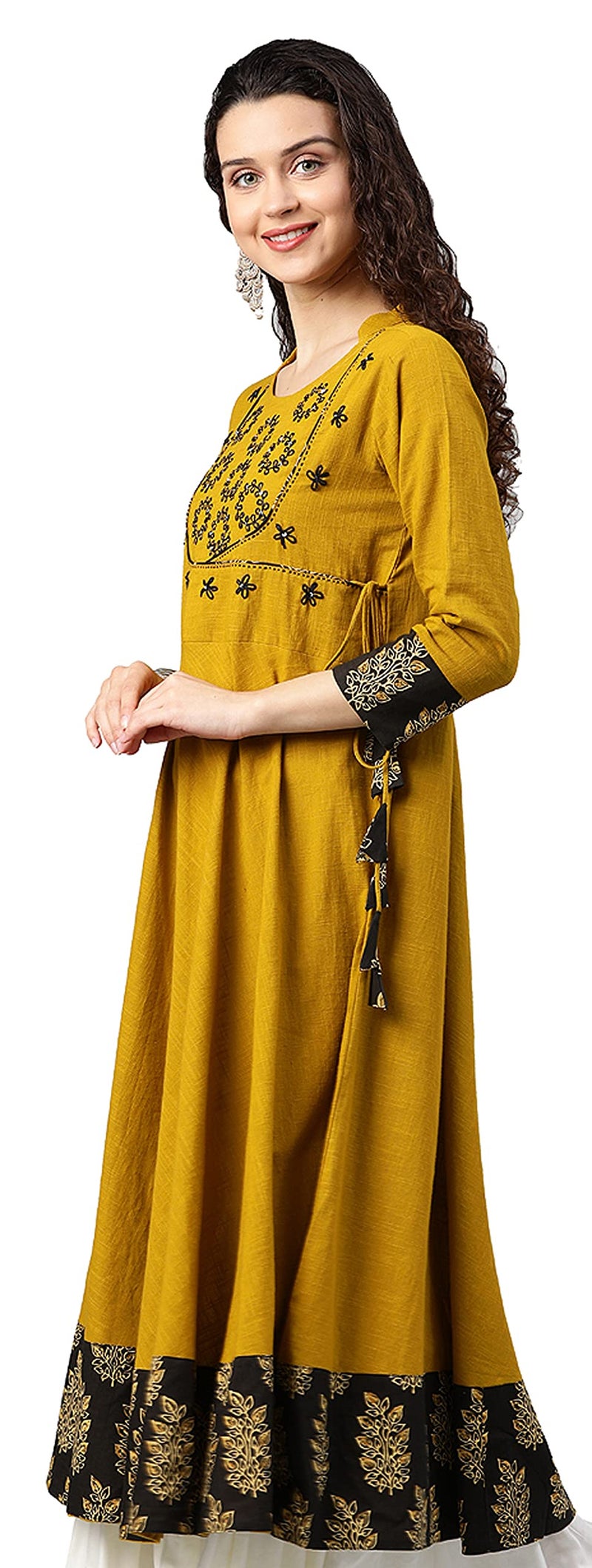 Yash Gallery Women's Mustard Cotton Slub Sequin Angrakha Regular Fit Kurta Perfect Festival Gift, 4XL - Image 3