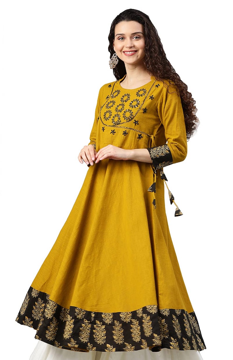 Yash Gallery Women's Mustard Cotton Slub Sequin Angrakha Regular Fit Kurta Perfect Festival Gift, 4XL - Image 2