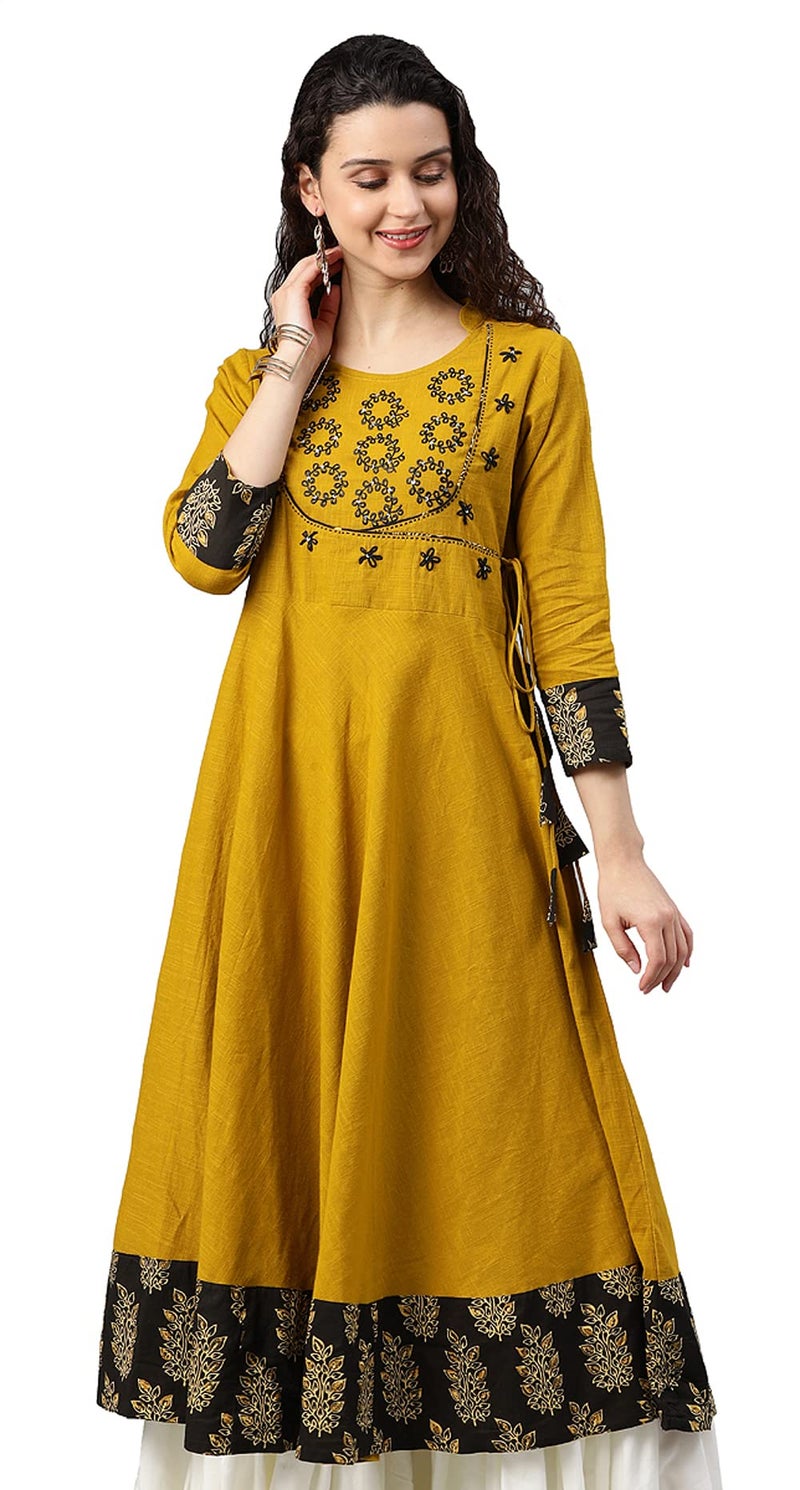 Yash Gallery Women's Mustard Cotton Slub Sequin Angrakha Regular Fit Kurta Perfect Festival Gift, 4XL - Image 1