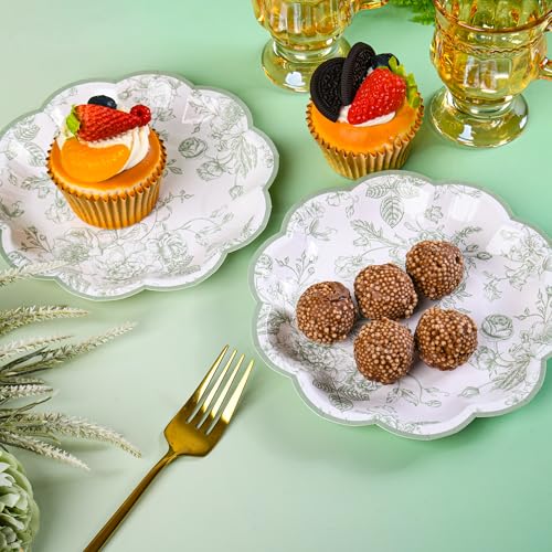 Elyxio 24 Pcs Green Floral Party Plates Vintage Floral Leaf Disposable Paper Plates Wildflower Sage Green Toile 7 Scalloped Rim Dessert Plates for Spring Easter Birthday Bridal Tea Party Supplies - Image 5