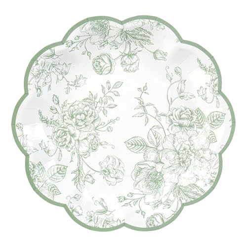Elyxio 24 Pcs Green Floral Party Plates Vintage Floral Leaf Disposable Paper Plates Wildflower Sage Green Toile 7 Scalloped Rim Dessert Plates for Spring Easter Birthday Bridal Tea Party Supplies - Image 2