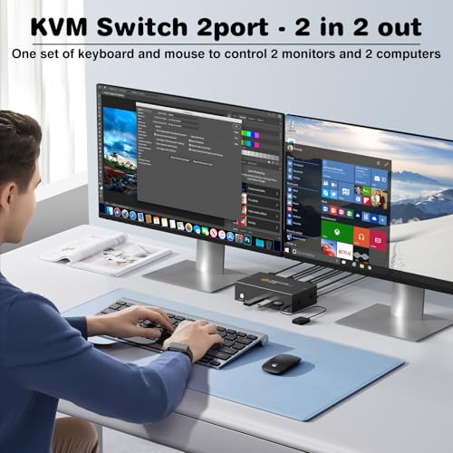 GREATHTEK 8K HDMI KVM Switch 2 Monitors 2 Computers,8K@60HZ USB3.0 Dual Monitors KVM Switches for 2 PC/Laptops Share Mouse Keyboard and 2 Screens,with 2 USB Cables/Controller,EDID Adapative,Plug&Play - Image 4