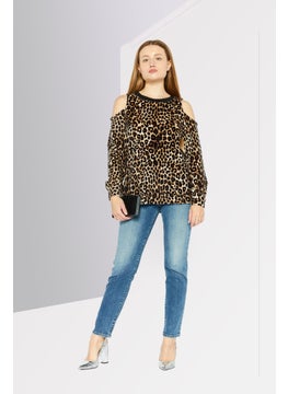 Michael Kors Women Crew Neck Long Sleeve Animal Print Top, Black  - Image 2