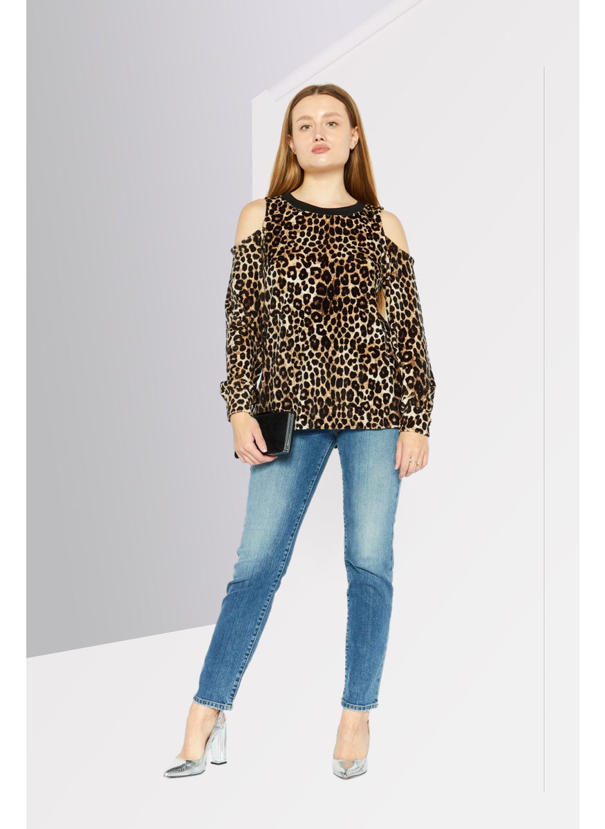 Michael Kors - Women Crew Neck Long Sleeve Animal Print Top, Black - Image 1