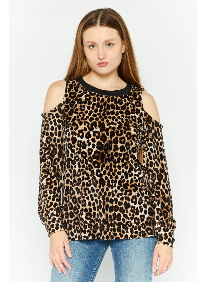 Michael Kors - Women Crew Neck Long Sleeve Animal Print Top, Black - Image 1
