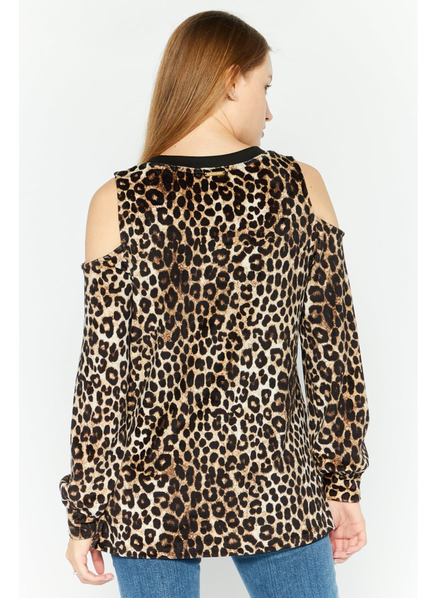 Michael Kors - Women Crew Neck Long Sleeve Animal Print Top, Black - Image 1