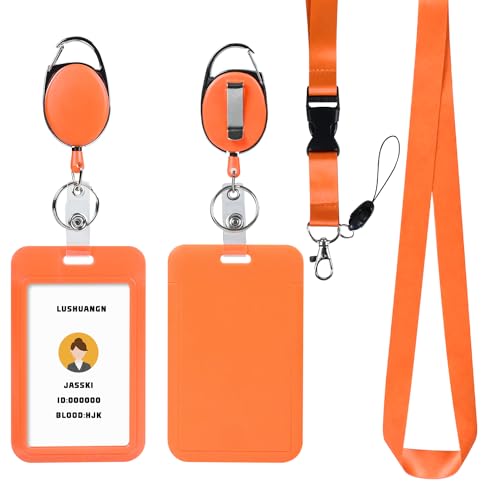 happyhbt Orange ID Key Card Holder Lanyard,Badge Holders Keychain with Retractable Oval reels,Vertical Credit Card Holder Name Protector,for Nurse Teacher Student Women Girl - Image 1