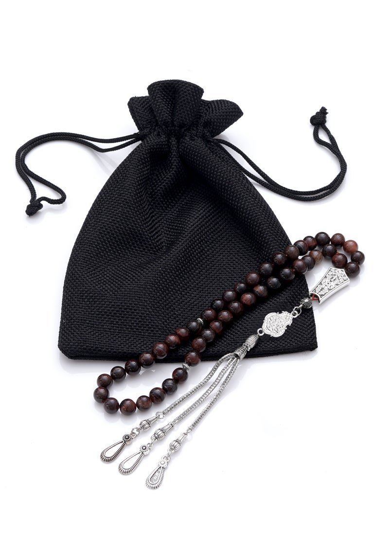 Subhati Prayer Beads (Misbah  ) with metal Parts and Red Tiger Eye  | 8 MM Beads - 45 Pcs |Gandeel Writing 4  - Image 3