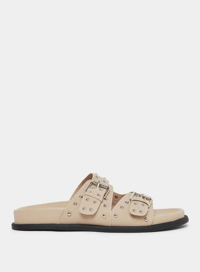 Styli Tan Studded Buckle Strap Sandals