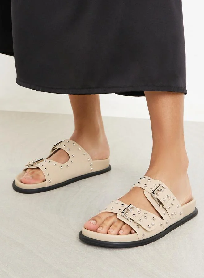Styli Tan Studded Buckle Strap Sandals