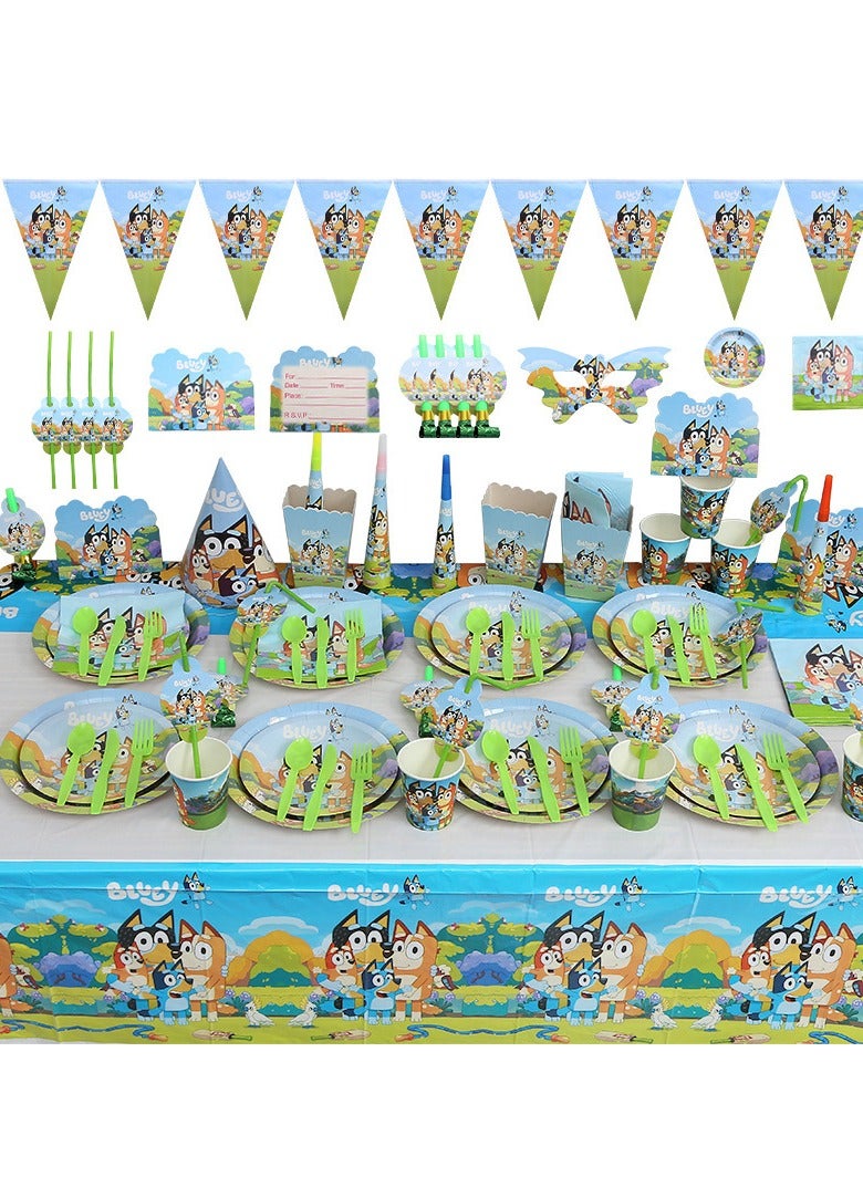 جِيجل جوي 125-pcs الكرتون الأزرق موضوع عيد ميلاد الطفل الطرف اللوازم ، والأطفال الطرف الديكور مجموعة ، مجموعة أدوات المائدة الطرف ، والغذاء الصف آمنة وغير سامة - Image 1