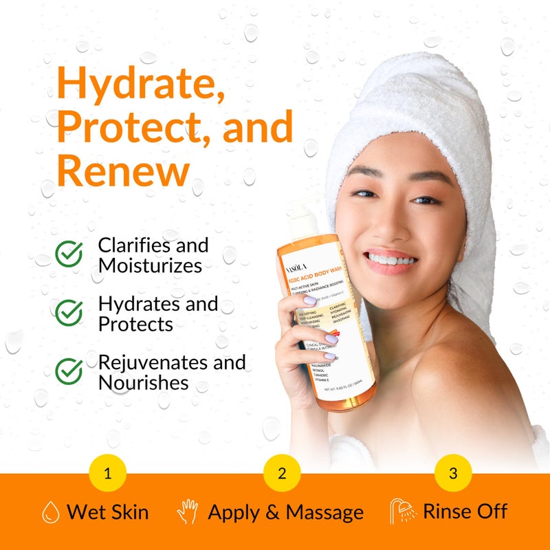 Nasola غسول الجسم صابون حمض كوجيك نازولا + كركم فيتامين سي عضوي طبيعي مرطب مقشر بدون رائحة جل استحمام كوري للنساء والرجال - 11.83 أونصة سائلة - Image 3