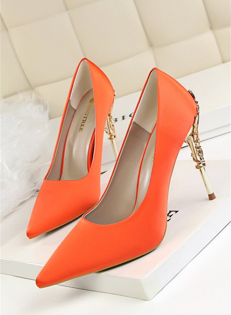 BIGTREE 10cm Stylish Metal Pumps With Slim Heels High heels Shallow-Cut Pointed Satin Pumps Orange - Image 1
