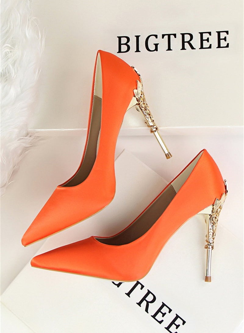 BIGTREE 10cm Stylish Metal Pumps With Slim Heels High heels Shallow-Cut Pointed Satin Pumps Orange - Image 2