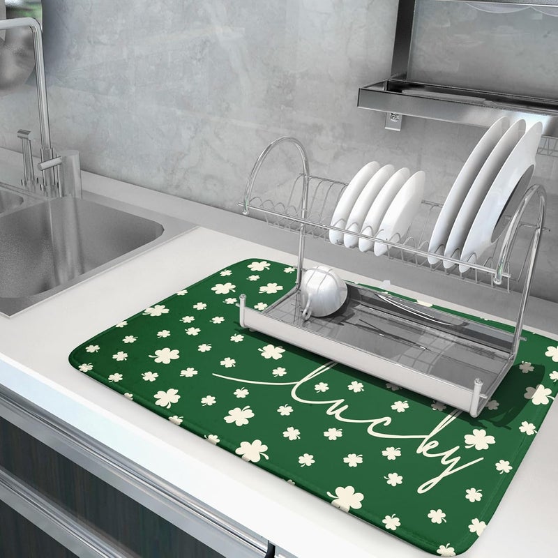 Giwawa St Patricks Day Dish Drying Mat Green Lucky Clovers Dish Drainer Mats 18"x24" Shamrock Holiday Microfiber Reversible Dish Drying Rack Pad Protector for Kitchen Countertop Large Decor - Image 5
