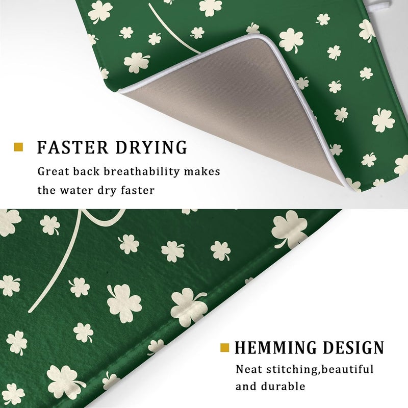 Giwawa St Patricks Day Dish Drying Mat Green Lucky Clovers Dish Drainer Mats 18"x24" Shamrock Holiday Microfiber Reversible Dish Drying Rack Pad Protector for Kitchen Countertop Large Decor - Image 3