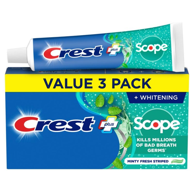 Crest + Scope Whitening Toothpaste - Pack of 3, 5.4 Oz Tubes - Anticavity Fluoride Toothpaste, Fresh Breath, Kills Germs - Tartar Protection, Enamel Protection - Minty Fresh Flavor - Image 1