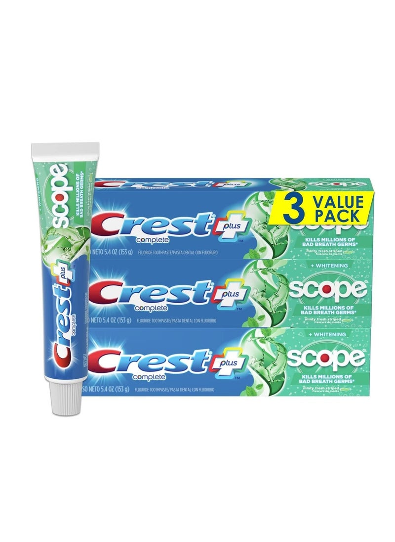 Crest - Crest + Scope Whitening Toothpaste - Pack of 3, 5.4 Oz Tubes - Anticavity Fluoride Toothpaste, Fresh Breath, Kills Germs - Tartar Protection, Enamel Protection - Minty Fresh Flavor - Image 1