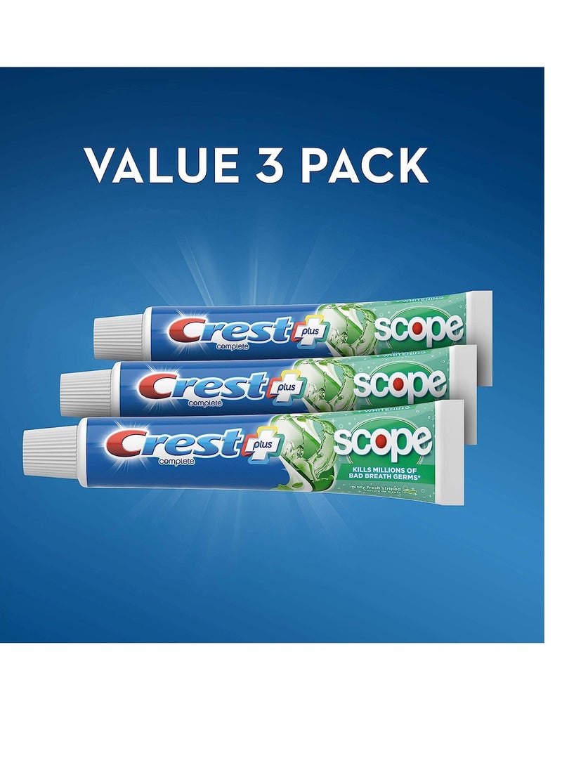Crest - Crest + Scope Whitening Toothpaste - Pack of 3, 5.4 Oz Tubes - Anticavity Fluoride Toothpaste, Fresh Breath, Kills Germs - Tartar Protection, Enamel Protection - Minty Fresh Flavor - Image 1