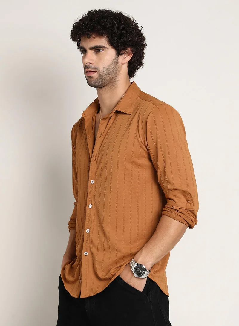 Campus Sutra Men's Sepia Brown Spiralknot-Tactile Shirt