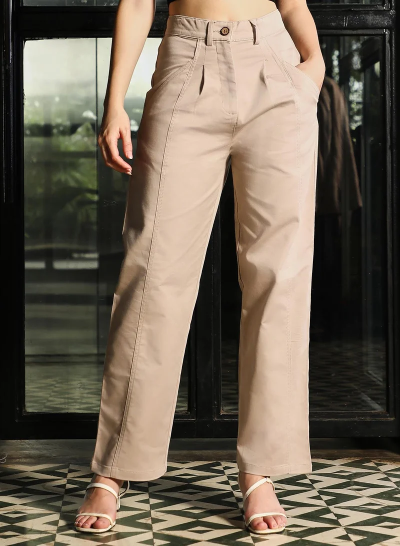 PINACOLADA Women's Pleated-Panel Straight-Fit Trousers | Mid-Rise , Straight-Band , Straight Hem, Button Closure | Solid Plain Woven Trousers For Casual & Daily Wear | Khaki Beige