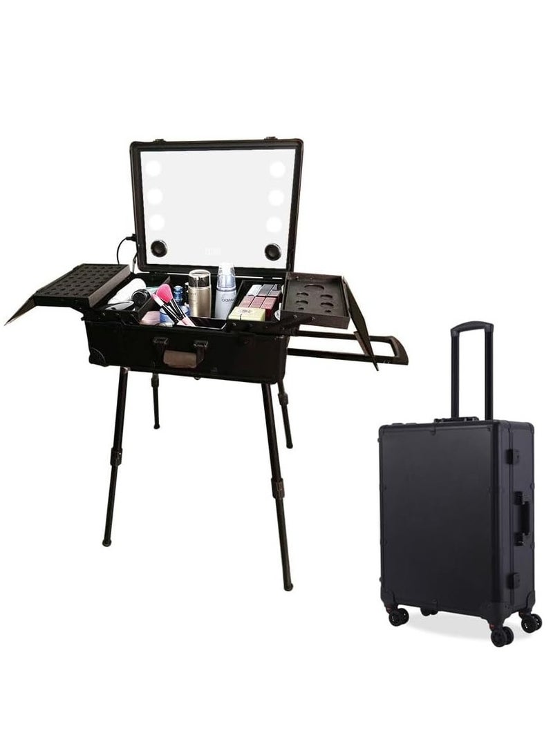 Rolling Makeup Train Case with Lighted Mirror, 24inch Large Make up Cosmetic Orgainzer Box Travel Case with Bluetooth, Professional Protable Aluminum Trolley Salon Staion (Black) - Image 1