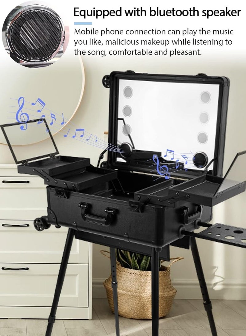 Rolling Makeup Train Case with Lighted Mirror, 24inch Large Make up Cosmetic Orgainzer Box Travel Case with Bluetooth, Professional Protable Aluminum Trolley Salon Staion (Black) - Image 4