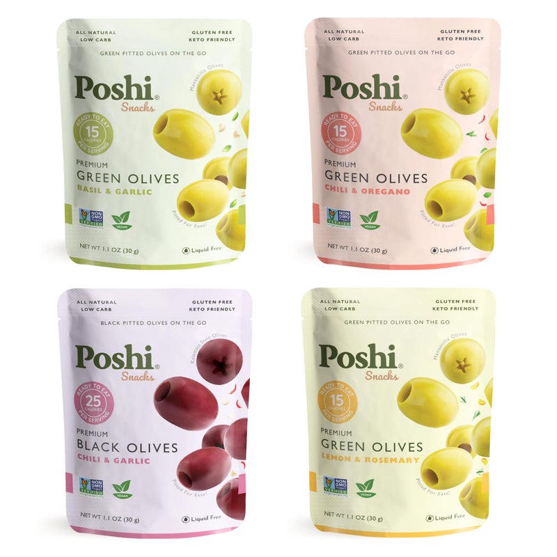 Poshi Natural Whole Pitted Olives | 24 Pack Variety | Basil & Garlic, Chili & Oregano, Chili + Garlic, Lemon & Rosemary | Vegan, Kosher, Gluten Free + Keto Friendly Healthy Snacks, 1.1 Oz (Pack of 24) - Image 1