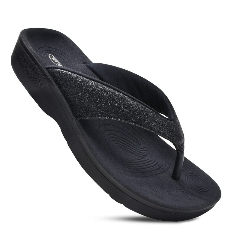 AEROTHOTIC Comfy Flip Flops for Women with Arch Support Orthotic Footbed Stylish Faux Leather Padded Straps with Soft Toe Post & Non-Slip Sole Slip On Casual Indoor and Outdoor Ladies Sandals (Crystal Black, size 11) - Image 1
