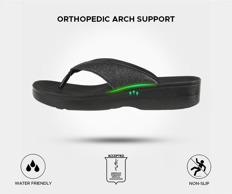 AEROTHOTIC Comfy Flip Flops for Women with Arch Support Orthotic Footbed Stylish Faux Leather Padded Straps with Soft Toe Post & Non-Slip Sole Slip On Casual Indoor and Outdoor Ladies Sandals (Crystal Black, size 11) - Image 5