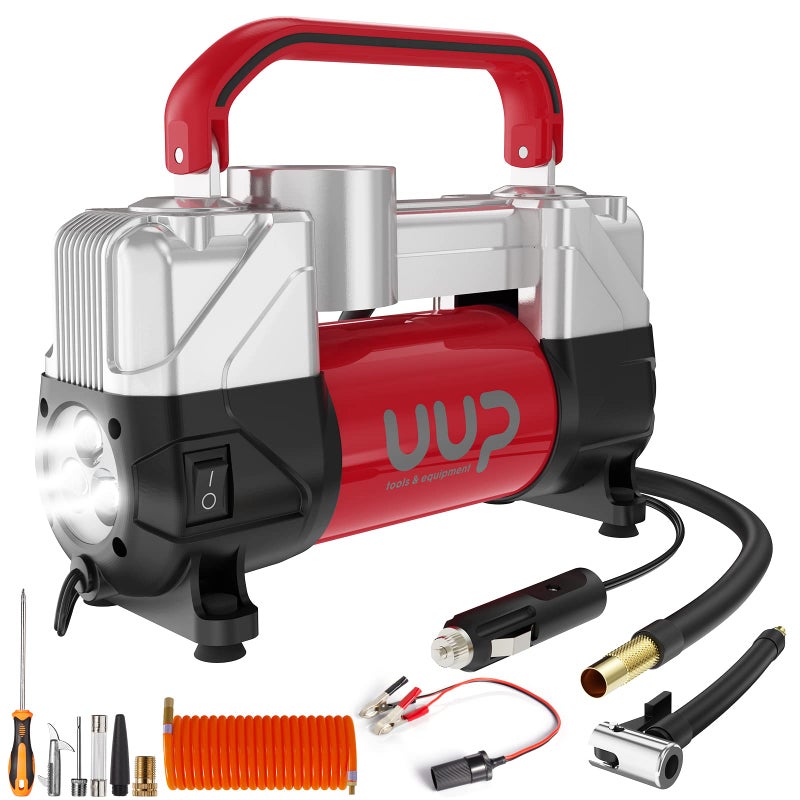 UUP Tire Inflator Air Compressor 150PSI 12V DC Double Cylinders Heavy Duty Portable Air Pump wEmergency LED Light for Truck SUV Car RV red