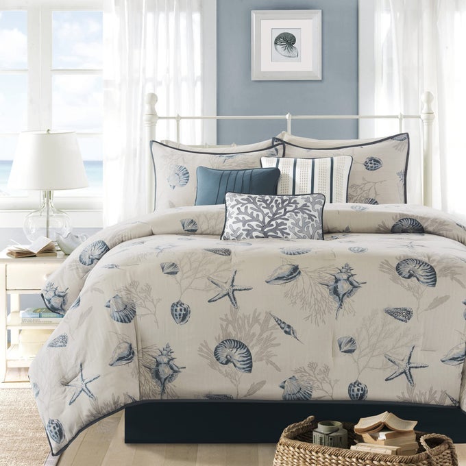 100 COTTON COMFORTER SET COASTAL CORAL STARFISH DESIGN ALL SEASON DOWN ALTERNATIVE COZY BEDDING WITH MATCHING SHAMS DECORATIVE PILLOW QUEEN90X90 TAUPE 7 PIECE