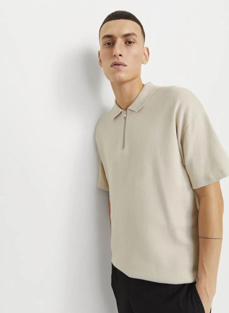 JACK & JONES Jjtroy Essential Zip Detailed Knitted Polo Shirt