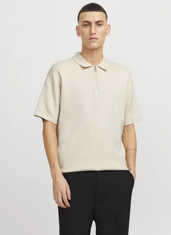 جاك اند جونز Jjtroy Essential Zip Detailed Knitted Polo Shirt