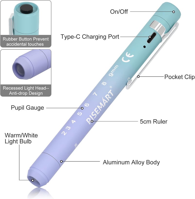 مصباح قلم قابل لإعادة الشحن للممرضات والأطباء – مصباح قلم طبي LED مع شحن USB، وضعي إضاءة مزدوجين، مشبك متين – هدية مثالية للتخرج، المناوبة الليلية، الاستخدام السريري – تدرج أزرق بنفسجي - Image 5