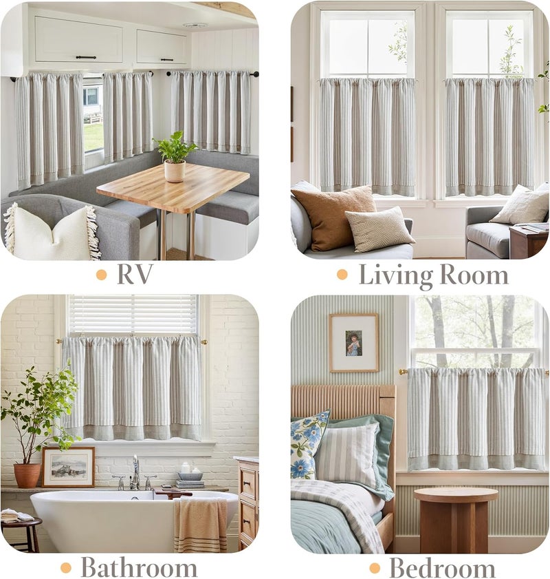 jinchan Double Layer Striped Linen Kitchen Tier Curtain Rustic Cafe for Living Room Bathroom Half Window Curtain Light Filtering Rod Pocket 1 Panel 36 Inch Taupe Grey - Image 5