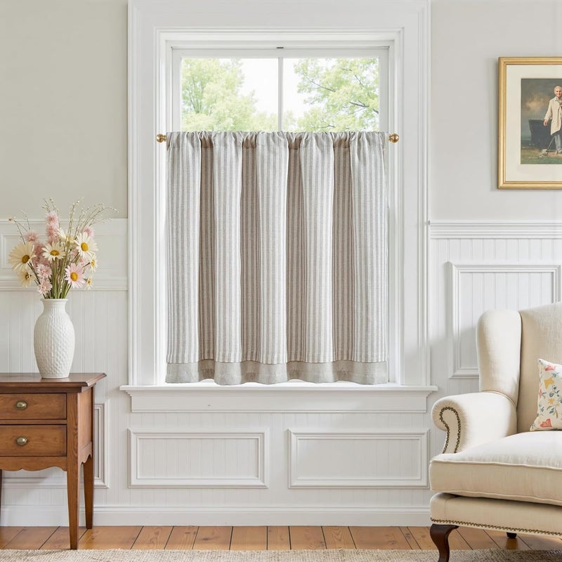 jinchan Double Layer Striped Linen Kitchen Tier Curtain Rustic Cafe for Living Room Bathroom Half Window Curtain Light Filtering Rod Pocket 1 Panel 36 Inch Taupe Grey - Image 1