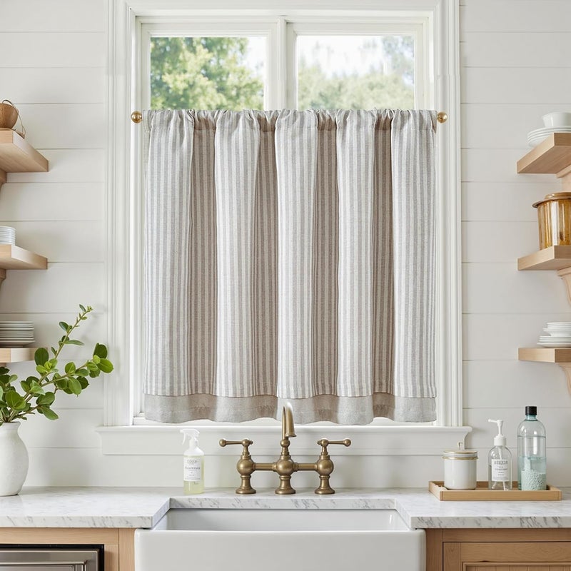 jinchan Double Layer Striped Linen Kitchen Tier Curtain Rustic Cafe for Living Room Bathroom Half Window Curtain Light Filtering Rod Pocket 1 Panel 36 Inch Taupe Grey - Image 2